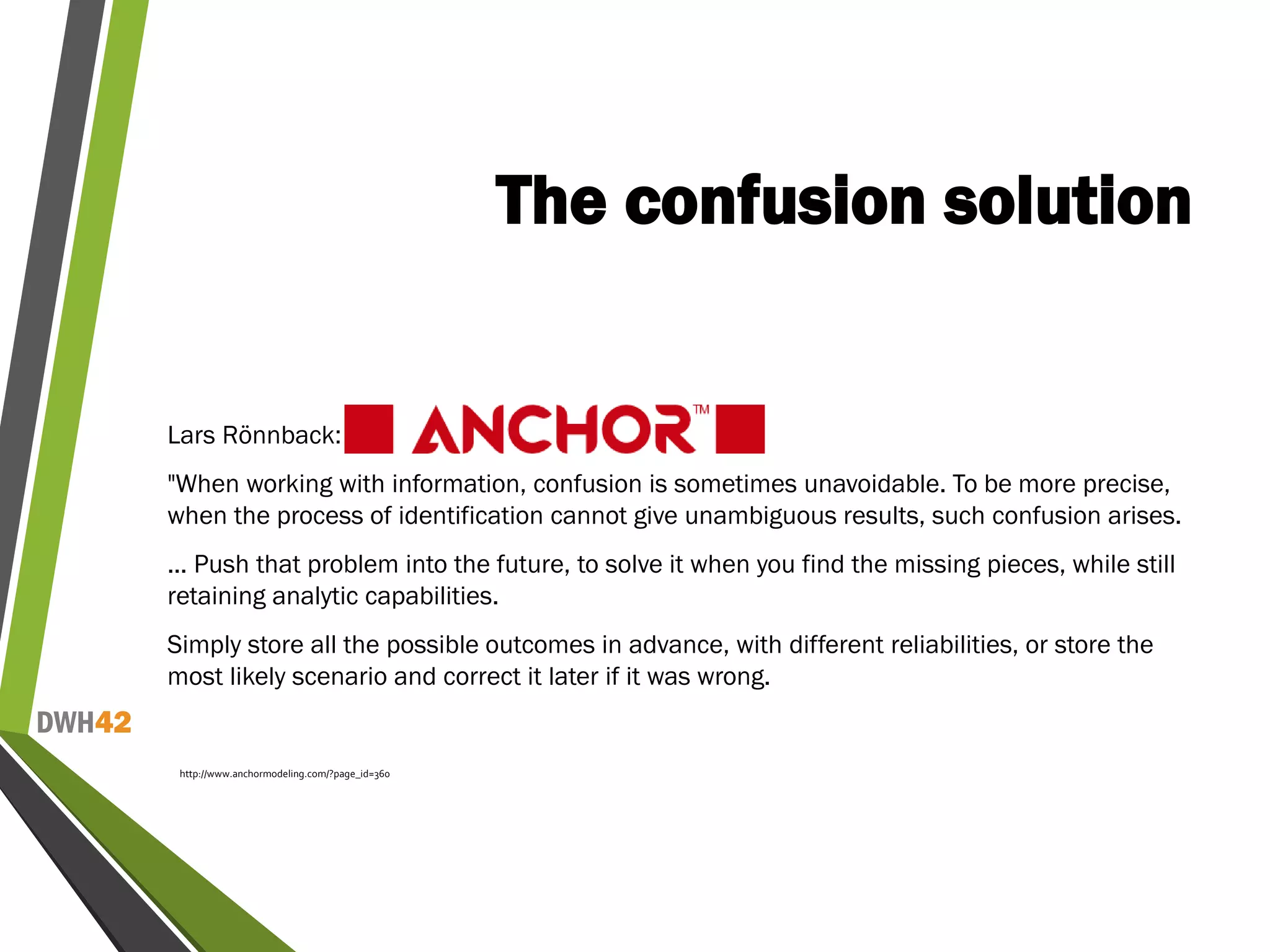 DWH42
The confusion solution
Lars Rönnback:
"When working with information, confusion is sometimes unavoidable. To be more precise,
when the process of identification cannot give unambiguous results, such confusion arises.
... Push that problem into the future, to solve it when you find the missing pieces, while still
retaining analytic capabilities.
Simply store all the possible outcomes in advance, with different reliabilities, or store the
most likely scenario and correct it later if it was wrong.
http://www.anchormodeling.com/?page_id=360
 
