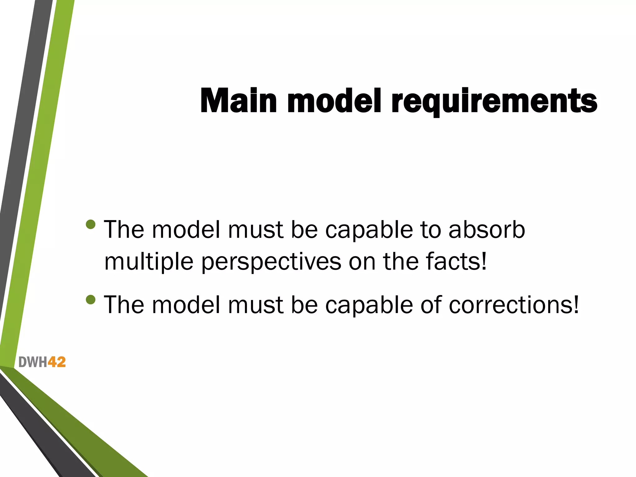 DWH42
Main model requirements
• The model must be capable to absorb
multiple perspectives on the facts!
• The model must be capable of corrections!
 