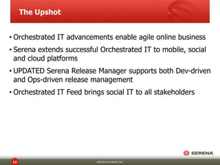 The Upshot


• Orchestrated IT advancements enable agile online business
• Serena extends successful Orchestrated IT to mobile, social
  and cloud platforms
• UPDATED Serena Release Manager supports both Dev-driven
  and Ops-driven release management
• Orchestrated IT Feed brings social IT to all stakeholders




 12                        SERENA SOFTWARE INC.
 