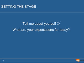 SETTING THE STAGE 
Tell me about yourself J 
What are your expectations for today? 
3 
 