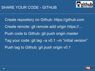 SHARE YOUR CODE - GITHUB 
Create repository on Github: https://github.com 
Create remote: git remote add origin https://… 
Push code to Github: git push origin master 
Tag your code: git tag –a v0.1 –m “initial version” 
Push tag to Github: git push origin v0.1 
34 
 