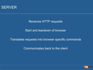 SERVER 
Receives HTTP requests 
Start and teardown of browser 
Translates requests into browser specific commands 
Communicates back to the client 
 