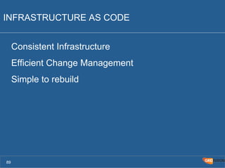 INFRASTRUCTURE AS CODE 
Consistent Infrastructure 
Efficient Change Management 
Simple to rebuild 
89 
 