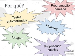 Por quê?            Programação
                      pareada

    Testes
automatizados
                Plan
                    ning


  Coragem


                Propriedade
                  coletiva
 