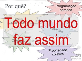 Por quê?            Programação
                      pareada

    Testes
automatizados
                Plan
                    ning


  Coragem


                Propriedade
                  coletiva
 