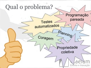 Qual o problema?
                          Programação
                            pareada
             Testes
         automatizados
                     Plan
                          ning
          Coragem

                     Propriedade
                       coletiva
 