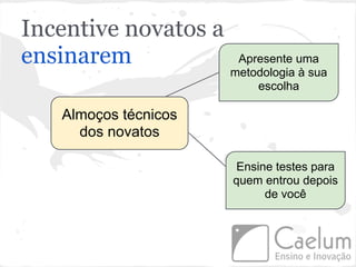 Incentive novatos a
ensinarem              Apresente uma
                      metodologia à sua
                          escolha

   Almoços técnicos
     dos novatos

                       Ensine testes para
                      quem entrou depois
                            de você
 