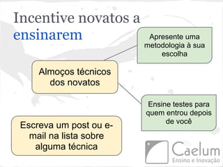 Incentive novatos a
ensinarem                 Apresente uma
                         metodologia à sua
                             escolha

     Almoços técnicos
       dos novatos

                          Ensine testes para
                         quem entrou depois
                               de você
 Escreva um post ou e-
   mail na lista sobre
    alguma técnica
 