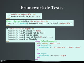 Minha Abordagem: BDD Testes x Comportamento Deixa eu ver se isso funciona... assert(this, works()); Deixa eu ver se está fazendo isso mesmo... assertThat(this, isDoing(right)); Assert x Should (Assert x Matcher) Big Picture – Small Picture – Smaller Picture – Unit Test 
