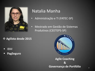 Natalia Manha
• Administração e TI (FATEC-SP)
• Mestrado em Gestão de Sistemas
Produtivos (CEETEPS-SP)
❖ Agilista desde 2015
▪ IBM
▪ PagSeguro
Agile Coaching
&
Governança de Portfólio 3
 