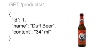 {
“id”: 1,
“name”: “Duff Beer”,
“content”: “341ml”
}
GET /products/1
 