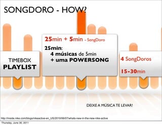 SONGDORO - HOW?


                                    25min + 5min - SongDoro
                                    25min:
                                        4 músicas de 5min
      TIMEBOX                           + uma POWERSONG                                     4 SongDoros
 PLAYLIST
                                                                                            15-30min 




                                                                       DEIXE A MÚSICA TE LEVAR!


http://inside.nike.com/blogs/nikeactive-en_US/2010/06/07/whats-new-in-the-new-nike-active
Thursday, June 30, 2011
 