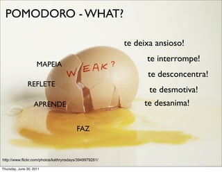 POMODORO - WHAT?

                                                            te deixa ansioso!
                                                                  te interrompe!
                     MAPEIA                             ?
                                                                  te desconcentra!
               REFLETE
                                                                  te desmotiva!
                   APRENDE                                       te desanima!

                                         FAZ



http://www.flickr.com/photos/kathrynsdays/3949979261/

Thursday, June 30, 2011
 