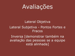 Avaliações
Lateral Objetiva
Lateral Subjetiva - Pontos Fortes e
Fracos
Inversa [demonstrar também na
avaliação das pessoas se a equipe
está alinhada]
 