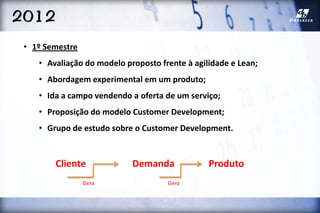 2012
• 1º Semestre
• Avaliação do modelo proposto frente à agilidade e Lean;
• Abordagem experimental em um produto;
• Ida a campo vendendo a oferta de um serviço;
• Proposição do modelo Customer Development;
• Grupo de estudo sobre o Customer Development.
Cliente Demanda Produto
Gera Gera
 