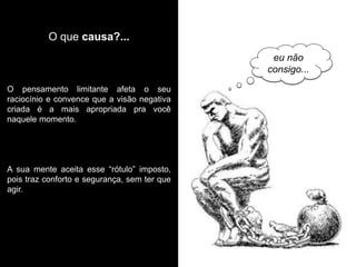 O pensamento limitante afeta o seu 
raciocínio e convence que a visão negativa 
criada é a mais apropriada pra você 
naquele momento. 
A sua mente aceita esse “rótulo” imposto, 
pois traz conforto e segurança, sem ter que 
agir. 
eu não 
consigo... 
O que causa?... 
 