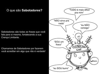 Sabotadores são todas as frases que você fala para si mesmo, fortalecendo a sua Crença Limitante. 
Chamamos de Sabotadores por fazerem você acreditar em algo que não é verdade! 
O que são Sabotadores? 
“eu NÃO consigo” 
“SOU um fraco” 
“eu SOU burro” 
“NÃO sirvo pra nada” 
“TUDO é mais dificil pra mim”  