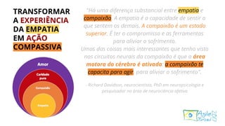 TRANSFORMAR
A EXPERIÊNCIA
DA EMPATIA
EM AÇÃO
COMPASSIVA
"Há uma diferença substancial entre empatia e
compaixão. A empatia é a capacidade de sentir o
que sentem os demais. A compaixão é um estado
superior. É ter o compromisso e as ferramentas
para aliviar o sofrimento.
Umas das coisas mais interessantes que tenho visto
nos circuitos neurais da compaixão é que a área
motora do cérebro é ativada: a compaixão te
capacita para agir, para aliviar o sofrimento".
- Richard Davidson, neurocientista, PhD em neuropsicologia e
pesquisador na área de neurociência afetiva
 