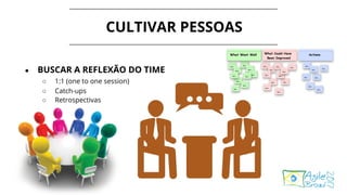 CULTIVAR PESSOAS
● BUSCAR A REFLEXÃO DO TIME
○ 1:1 (one to one session)
○ Catch-ups
○ Retrospectivas
 