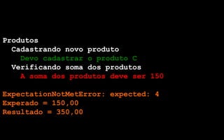 Produtos
  Cadastrando novo produto
    Devo cadastrar o produto C
  Verificando soma dos produtos
    A soma dos produtos deve ser 150

ExpectationNotMetError: expected: 4
Experado = 150,00
Resultado = 350,00
 