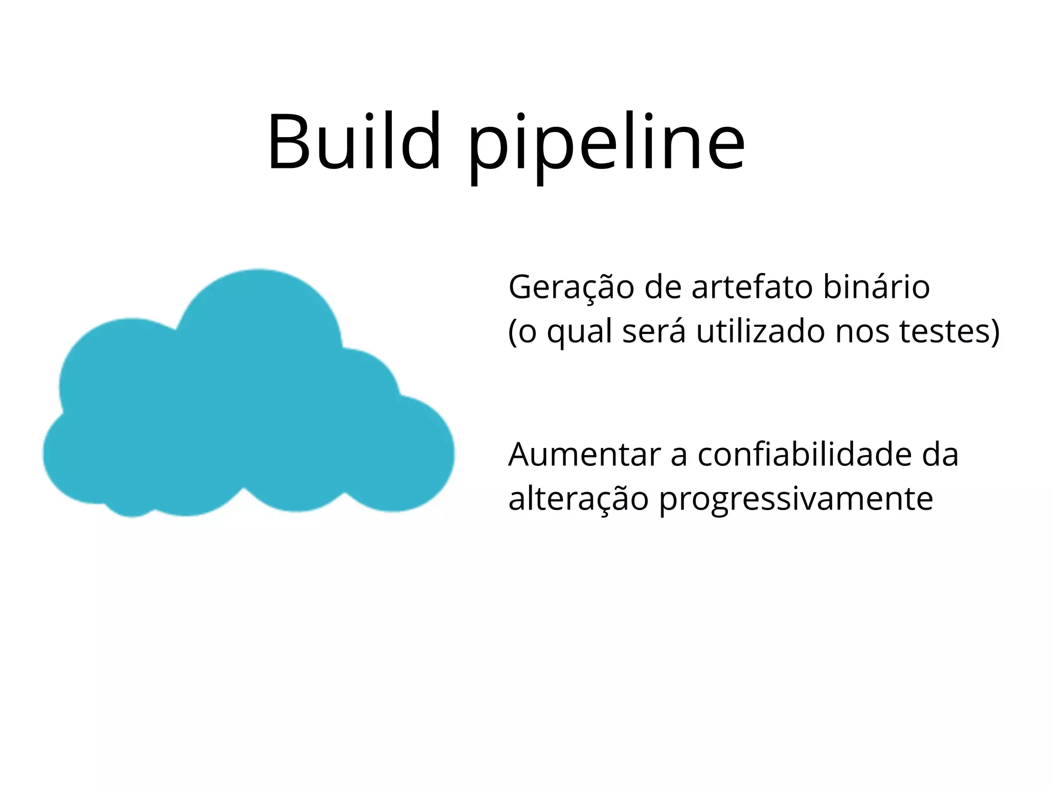 Build pipeline 
Geração de artefato binário 
(o qual será utilizado nos testes) 
Aumentar a confiabilidade da 
alteração progressivamente 
 