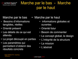 Marche par le bas - Marche
                                            par le haut

    Marche par le bas                    • Marche par le haut
• Besoins d’informations                            • informations globales et
    tangibles, réelles                                ouvertes
•   Orienté présent                                 • Orienté futur
•   Les détails de ce qui est                       • Besoin de commenter
    attendu                                         • Le concept global, le design
•   Le projet découpé en parties                    • L’intégrité de la structure
•   Les paramètres qui                              • La mission
    permettent d’obtenir des                        • L’abstrait
    résultats concrets
     Ralph HIPPOLYTE - Coaching -
     "Attribution"
                                           action|types 2011
                                                                               22
 