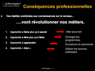 Conséquences professionnelles

   Ces réalités combinées aux connaissances sur le cerveau…

              ….vont révolutionner nos métiers.

    1.   Apprendre à faire plus qu’à savoir                Aller plus loin

    2.   Apprendre à être plus qu’à faire                  Changer les
                                                           programmes
    3.   Apprendre à apprendre
                                                           Ouverture et autonomie
    4.   Apprendre « bien »                                Utiliser les bonnes
                                                           méthodes




                                      action|types 2011
 
