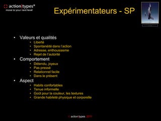 Expérimentateurs - SP


• Valeurs et qualités
       •   Liberté
       •   Spontanéité dans l’action
       •   Adresse, enthousiasme
       •   Rejet de l’autorité
• Comportement
       •   Détendu, joyeux
       •   Pas pressé
       •   Relationnel facile
       •   Dans le présent
• Aspect
       •   Habits confortables
       •   Tenue informelle
       •   Goût pour la couleur, les textures
       •   Grande habileté physique et corporelle




                                  action|types 2011
 