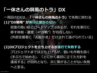 Photo on Visual hunt
「⼀休さんの屏⾵のトラ」DX
⼀周⽬のDXは、「⼀休さんの屏⾵のトラ」で失敗に終わる


(1)“DX戦略” が実⾏に繋がらない


  密度の⾼い絵とロードマップはあるが、それを実⾏に


  移す体制・運営（=“作戦”）が存在しない


  (外部⽀援者に「お絵かき」だけされて逃げられている)


(2)DXプロジェクトを⽴ち上げるが遂⾏で失敗する


  プロジェクトまでは⽴ち上げるが、狙いも作戦も弱く


  (⼿ぶらで始める)、「とにかく最初に⽴てた⽅針を


  達成する」が⽬的となり、次に繋がることがない失敗


  へと⾄る。
 