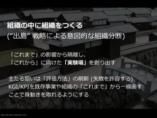 Photo credit: tiseb on Visual Hunt / CC BY
組織の中に組織をつくる


(“出島” 戦略による意図的な組織分断)
「これまで」の影響から隔離し、


「これから」に向けた「実験場」を創り出す
主たる狙いは「評価⽅法」の刷新 (失敗を許容する)


KGI/KPIを既存事業や組織の「これまで」から⼀線画す


ことで⾝動きを取れるようにする
 