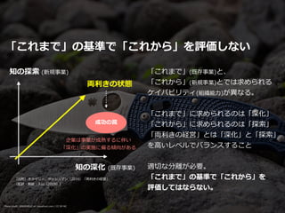 「これまで」の基準で「これから」を評価しない
知の探索 (新規事業)
知の深化 (既存事業)
（出所）オライリー、タッシュマン（2016）「両利きの経営」


（監訳・解説：⼊⼭（2019））
両利きの状態
成功の罠
企業は事業が成熟するに伴い


「深化」の実施に偏る傾向がある
「これまで」(既存事業)と、


「これから」(新規事業)とでは求められる


ケイパビリティ(組織能⼒)が異なる。


「これまで」に求められるのは「深化」


「これから」に求められるのは「探索」


「両利きの経営」とは「深化」と「探索」


を⾼いレベルでバランスすること


適切な分離が必要。


「これまで」の基準で「これから」を


評価してはならない。
Photo credit: GREGORIUZ on Visualhunt.com / CC BY-NC
 