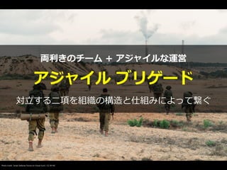 Photo credit: Israel Defense Forces on Visual hunt / CC BY-NC
アジャイル ブリゲード
両利きのチーム + アジャイルな運営
対⽴する⼆項を組織の構造と仕組みによって繋ぐ
 