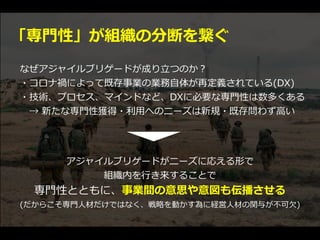 「専⾨性」が組織の分断を繋ぐ
なぜアジャイルブリゲードが成り⽴つのか？


・コロナ禍によって既存事業の業務⾃体が再定義されている(DX)


・技術、プロセス、マインドなど、DXに必要な専⾨性は数多くある


 → 新たな専⾨性獲得・利⽤へのニーズは新規・既存問わず⾼い
アジャイルブリゲードがニーズに応える形で


組織内を⾏き来することで


専⾨性とともに、事業間の意思や意図も伝播させる


(だからこそ専⾨⼈材だけではなく、戦略を動かす為に経営⼈材の関与が不可⽋)
 