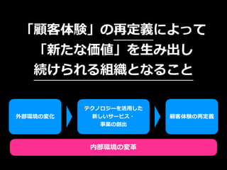「顧客体験」の再定義によって
「新たな価値」を⽣み出し


続けられる組織となること
外部環境の変化
テクノロジーを活⽤した


新しいサービス・


事業の創出
顧客体験の再定義
内部環境の変⾰
 