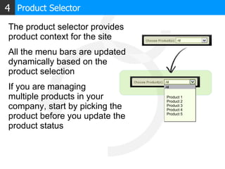 The product selector provides product context for the site All the menu bars are updated dynamically based on the product selection If you are managing  multiple products in your company, start by picking the product before you update the product status Product 1 Product 2 Product 3 Product 4 Product 5 Product Selector 4 