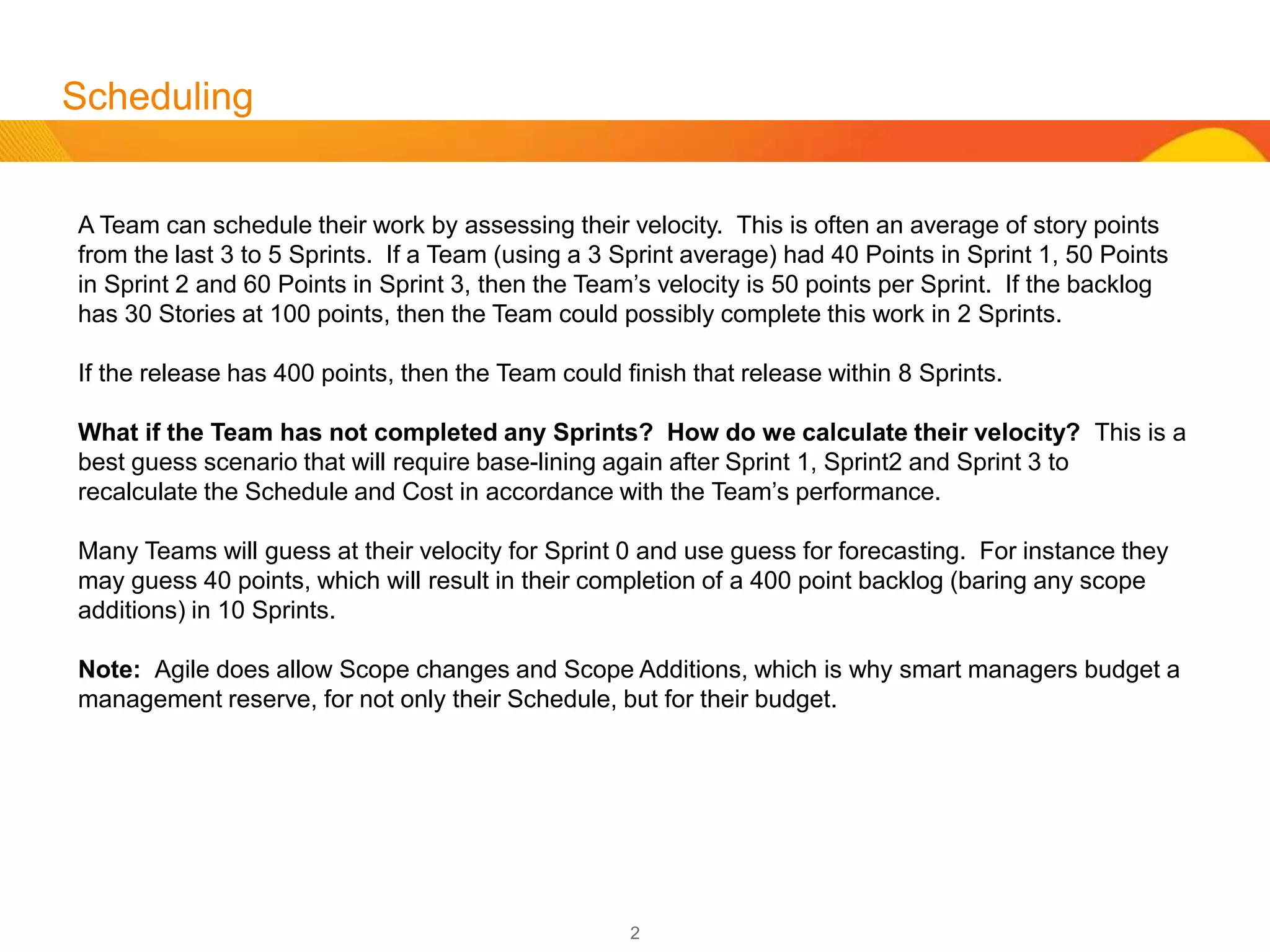 2
Formulas
Resource Cost:
Employee Cost Per Hour (EH)
Hours Per Day (HD)
Number of Team Members (NT)
Number of Days in Sprint (NS)
Resource Cost Per Day
(EH x HD) = Employee Per Day Cost (PD)
Resource Cost Per Sprint
(PD x NT) x NS = Resource Cost Per Sprint (RS)
Sprint Cost
RS + Non Resource Cost (NR) = Sprint Cost (SC)
Story Point Cost
SC ÷Team Velocity (TV) = Story Point Cost (PC)
Release Cost
SC * (Sprints per Release) = Release Cost (RC)
Team Cost Per Year
SC * Sprints Per Year (SY) = Yearly Cost
 