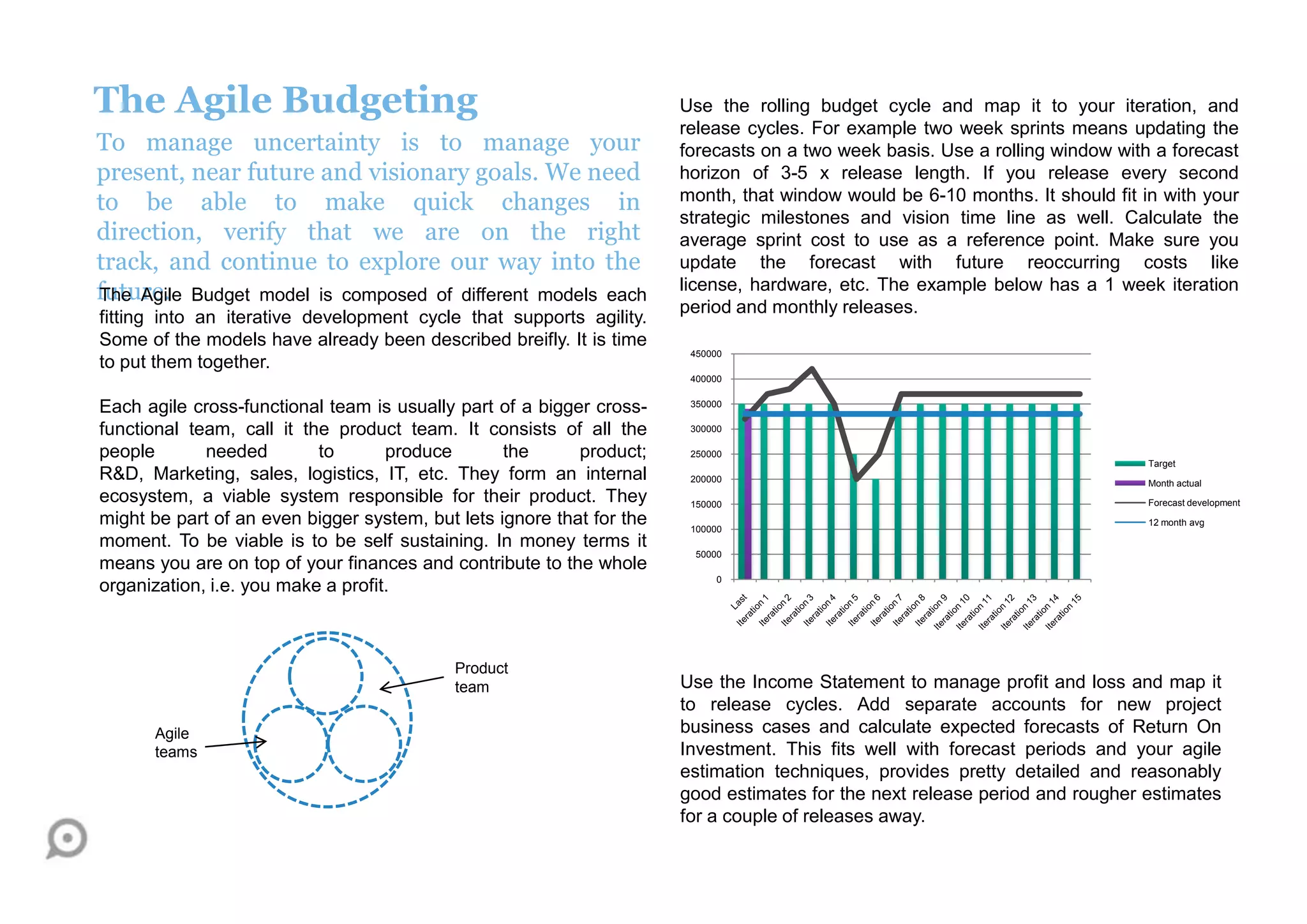 The Agile Budgeting
To manage uncertainty is to manage your
present, near future and visionary goals. We need
to be able to make quick changes in
direction, verify that we are on the right
track, and continue to explore our way into the
future.The Agile Budget model is composed of different models each
fitting into an iterative development cycle that supports agility.
Some of the models have already been described breifly. It is time
to put them together.
Each agile cross-functional team is usually part of a bigger cross-
functional team, call it the product team. It consists of all the
people needed to produce the product;
R&D, Marketing, sales, logistics, IT, etc. They form an internal
ecosystem, a viable system responsible for their product. They
might be part of an even bigger system, but lets ignore that for the
moment. To be viable is to be self sustaining. In money terms it
means you are on top of your finances and contribute to the whole
organization, i.e. you make a profit.
Use the rolling budget cycle and map it to your iteration, and
release cycles. For example two week sprints means updating the
forecasts on a two week basis. Use a rolling window with a forecast
horizon of 3-5 x release length. If you release every second
month, that window would be 6-10 months. It should fit in with your
strategic milestones and vision time line as well. Calculate the
average sprint cost to use as a reference point. Make sure you
update the forecast with future reoccurring costs like
license, hardware, etc. The example below has a 1 week iteration
period and monthly releases.
Agile
teams
Product
team
0
50000
100000
150000
200000
250000
300000
350000
400000
450000
Target
Month actual
Forecast development
12 month avg
Use the Income Statement to manage profit and loss and map it
to release cycles. Add separate accounts for new project
business cases and calculate expected forecasts of Return On
Investment. This fits well with forecast periods and your agile
estimation techniques, provides pretty detailed and reasonably
good estimates for the next release period and rougher estimates
for a couple of releases away.
 