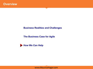 Overview




           Business Realities and Challenges


           The Business Case for Agile


           How We Can Help




                    www.MauriceHagar.com
 