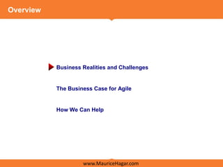 Overview




           Business Realities and Challenges


           The Business Case for Agile


           How We Can Help




                    www.MauriceHagar.com
 