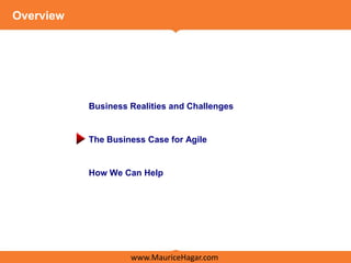 Overview




           Business Realities and Challenges


           The Business Case for Agile


           How We Can Help




                    www.MauriceHagar.com
 