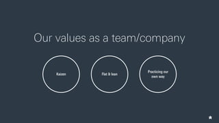 Kaizen Flat & lean
Practicing our
own way
Our values as a team/company