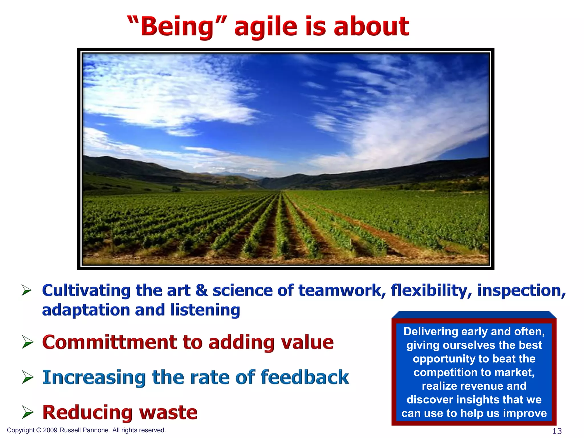 Delivering early and often,
                                                          giving ourselves the best
                                                           opportunity to beat the
                                                           competition to market,
                                                             realize revenue and
                                                          discover insights that we
                                                         can use to help us improve
Copyright © 2009 Russell Pannone. All rights reserved.                                 13
 
