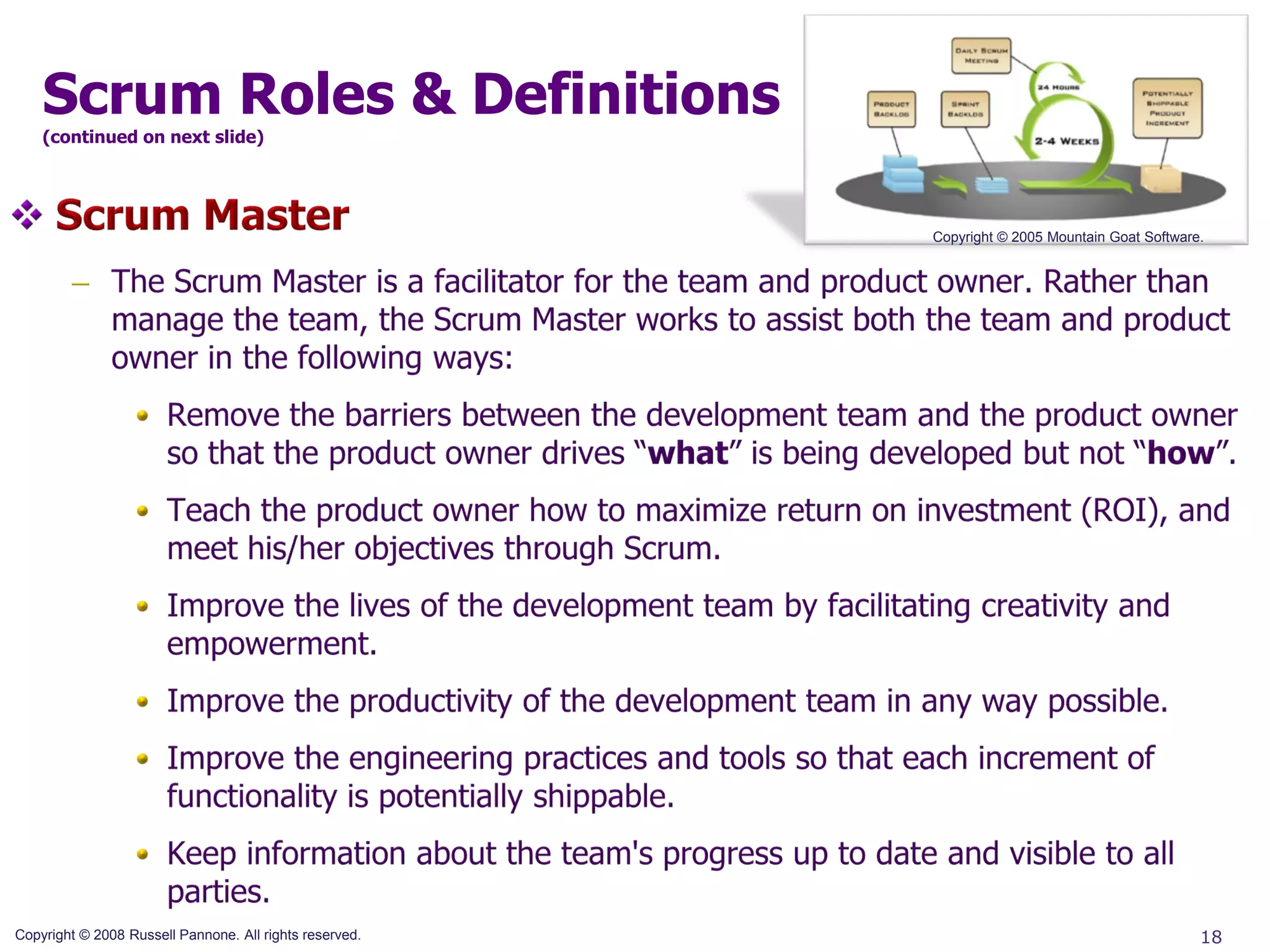 Scrum Roles & Definitions
    (continued on next slide)




                                                         Copyright © 2005 Mountain Goat Software.




Copyright © 2008 Russell Pannone. All rights reserved.                                          18
 