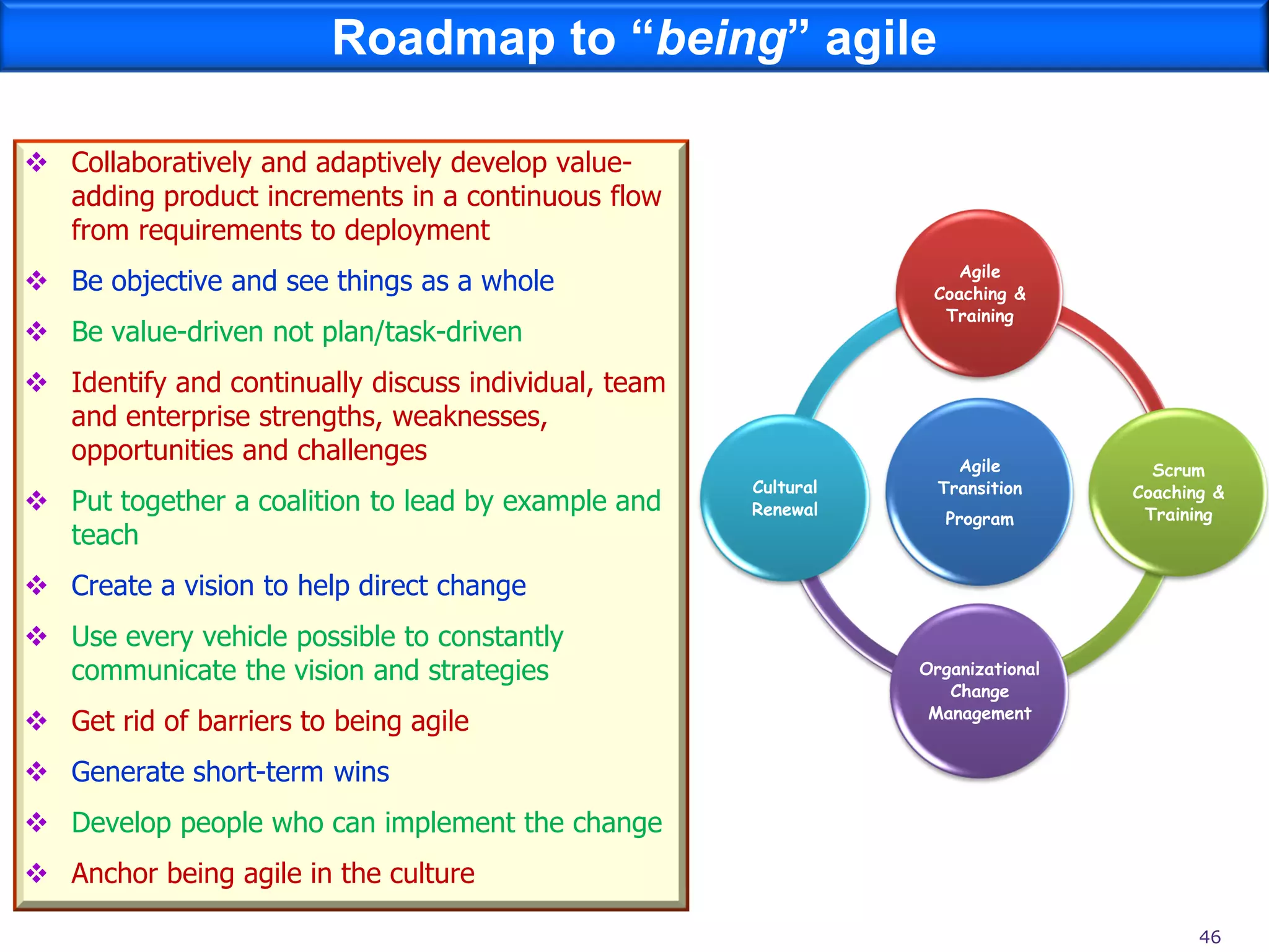Roadmap to “being” agile

 Collaboratively and adaptively develop value-
  adding product increments in a continuous flow
  from requirements to deployment
                                                                     Agile
 Be objective and see things as a whole                          Coaching &
                                                                   Training
 Be value-driven not plan/task-driven
 Identify and continually discuss individual, team
  and enterprise strengths, weaknesses,
  opportunities and challenges                                       Agile          Scrum
                                                      Cultural     Transition     Coaching &
 Put together a coalition to lead by example and     Renewal                      Training
                                                                    Program
  teach
 Create a vision to help direct change
 Use every vehicle possible to constantly
  communicate the vision and strategies                          Organizational
                                                                    Change
                                                                  Management
 Get rid of barriers to being agile
 Generate short-term wins
 Develop people who can implement the change
 Anchor being agile in the culture

                                                                                         46
 