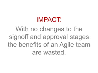 IMPACT:
With no changes to the
signoff and approval stages
the benefits of an Agile team
are wasted.
 