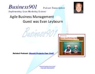 Business901 Podcast Transcription
Implementing Lean Marketing Systems
Should Projects Ever End?
Copyright Business901
Agile Business Management
Guest was Evan Leybourn
Sponsored by
Related Podcast: Should Projects Ever End?
 