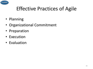 Effective Practices of Agile
• Planning
• Organizational Commitment
• Preparation
• Execution
• Evaluation
30
 