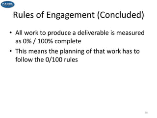 Rules of Engagement (Concluded)
• All work to produce a deliverable is measured
as 0% / 100% complete
• This means the planning of that work has to
follow the 0/100 rules
38
 