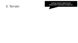 X. Terrain
Nothing related to Agile directly
Organization and people management
 