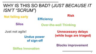 WHY IS THIS SO BAD? (JUST BECAUSE IT
ISN’T “SCRUM”)
5
Silos
Efficiency
Over-the-wall Thinking
Undue power
of sign-off
Unnecessary delays
(while bugs are triaged)
Stifles Innovation
Just not agile!
Risk
Blocks improvement
Not failing early
 